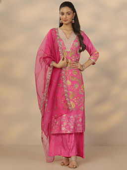 Libas - Women's Pink Printed Silk Blend Straight Kurta With Pant & Dupatta