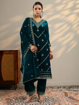 Libas - Women's Teal Embroidered Velvet Straight Kurta With Pant & Dupatta