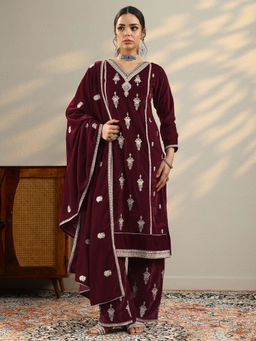 Libas - Women's Maroon Embroidered Velvet Straight Kurta With Pant & Dupatta