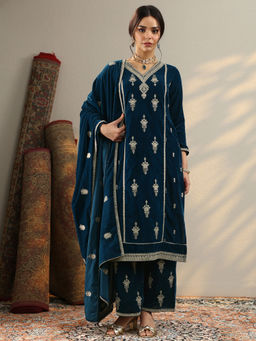 Libas - Women's Navy Blue Embroidered Velvet Straight Kurta With Pant & Dupatta