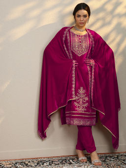 Libas - Women's Pink Embroidered Velvet Straight Kurta With Pant & Dupatta
