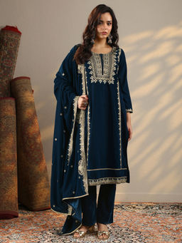 Libas - Women's Navy Blue Embroidered Velvet Straight Kurta With Pant & Dupatta