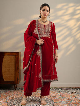 Libas - Women's Red Embroidered Velvet Straight Kurta With Pant & Dupatta