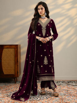 Libas - Women's Maroon Embroidered Velvet Straight Kurta With Pant & Dupatta