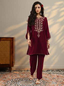 Libas - Women's Maroon Embroidered Design Velvet Co-Ords Set