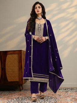 Libas - Women's Purple Embroidered Velvet Straight Kurta With Pant & Dupatta