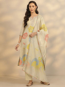 Libas - Women's Beige Printed Silk Blend Straight Kurta With Pant & Dupatta