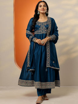 Libas - Women's Navy Blue Yoke Design Silk Blend Anarkali Kurta With Pant & Dupatta