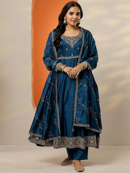 Libas - Women's Navy Blue Yoke Design Silk Blend Anarkali Kurta With Pant & Dupatta
