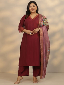 Extra love by Libas - Women's Burgundy Printed Silk Blend Straight Kurta With Pant & Dupatta