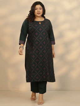 Extra love by Libas - Women's Green Embroidered Rayon Straight Kurta And Pant