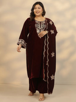 Extra love by Libas - Women's Maroon Printed Velvet Straight Kurta With Pant & Dupatta