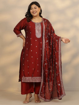 Extra love by Libas - Women's Maroon Embroidered Silk Blend Straight Kurta With Pant & Dupatta