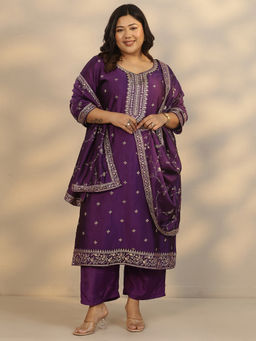 Extra love by Libas - Women's Purple Embroidered Silk Blend Straight Kurta With Pant & Dupatta