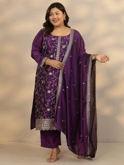 Extra love by Libas - Women's Purple Embroidered Silk Blend Straight Kurta With Pant & Dupatta