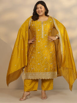 Extra love by Libas - Women's Yellow Embroidered Silk Blend Straight Kurta With Pant & Dupatta