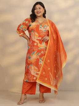 Extra love by Libas - Women's Orange Printed Silk Blend Straight Kurta With Pant & Dupatta