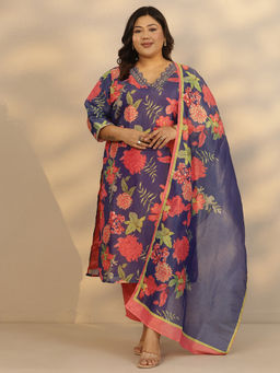 Extra love by Libas - Women's Blue Printed Silk Blend Straight Kurta With Pant & Dupatta