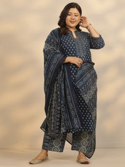 Extra love by Libas - Women's Blue Printed Cotton Straight Kurta With Pant & Dupatta
