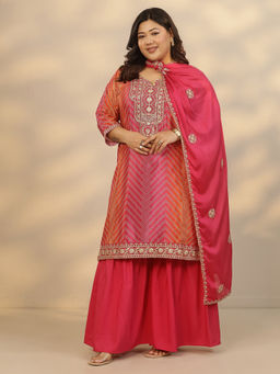 Extra love by Libas - Women's Pink Printed Chinon Straight Kurta With Sharara & Dupatta