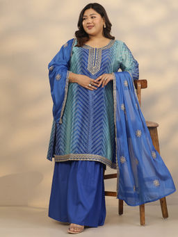 Extra love by Libas - Women's Blue Printed Chinon Straight Kurta With Sharara & Dupatta