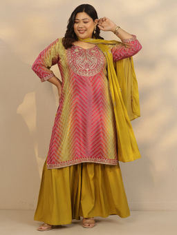 Extra love by Libas - Women's Pink Printed Chinon Straight Kurta With Sharara & Dupatta