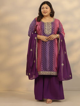 Extra love by Libas - Women's Purple Printed Chinon Straight Kurta With Sharara & Dupatta