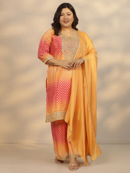 Extra love by Libas - Women's Orange Printed Chinon Straight Kurta With Palazzo & Dupatta