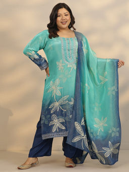 Extra love by Libas - Women's Blue Printed Crepe Straight Kurta With Pant & Dupatta