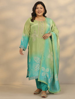 Extra love by Libas - Women's Green Printed Crepe Straight Kurta With Pant & Dupatta
