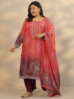Extra love by Libas - Women's Pink Printed Silk Blend Straight Kurta With Pant & Dupatta