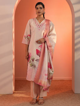 Libas - Women's Peach Embellished Silk Blend A-Line Kurta With Pant & Dupatta