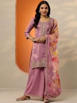 Libas Art - Women's Mauve Embroidered Silk Blend Straight Kurta With Palazzo & Dupatta