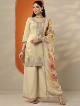Libas Art - Women's Cream Embroidered Silk Blend Straight Kurta With Palazzo & Dupatta