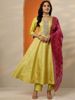 Libas Art - Women's Yellow Woven Design Silk Blend Anarkali Kurta With Pant & Dupatta