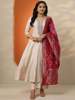 Libas Art - Women's Off White Woven Design Silk Blend Anarkali Kurta With Pant & Dupatta