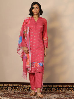 Libas - Women's Pink Printed Cotton Straight Kurta With Pant & Dupatta