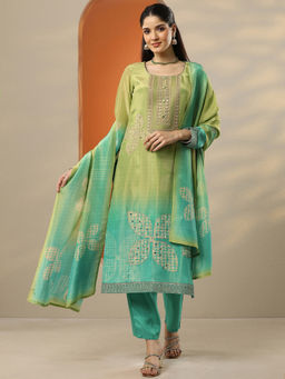 Libas Art - Women's Green Printed Crepe Straight Kurta With Pant & Dupatta