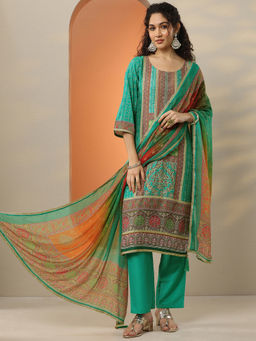 Libas - Women's Green Printed Silk Blend Straight Kurta With Pant & Dupatta