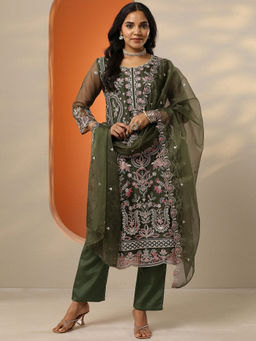 Libas - Women's Green Embroidered Organza Straight Kurta With Pant & Dupatta
