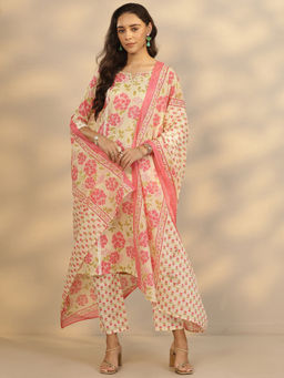 Libas - Women's Cream Printed Cotton Straight Kurta With Pant & Dupatta