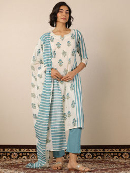 Libas - Women's Off White Printed Cotton Straight Kurta With Pant & Dupatta