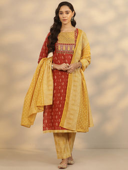 Libas - Women's Maroon Printed Cotton Straight Kurta With Pant & Dupatta