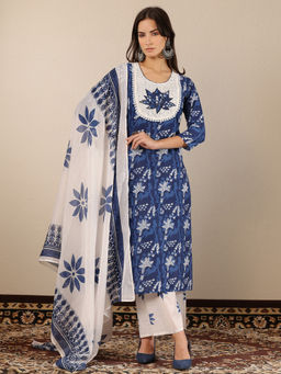 Libas - Women's Blue Printed Cotton Straight Kurta With Palazzo & Dupatta