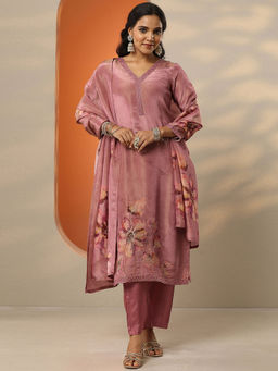 Libas - Women's Pink Embroidered Silk Blend Straight Kurta With Pant & Dupatta