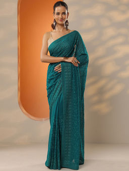 Libas - Women's Teal Embroidered Georgette Saree With Unstitched Blouse