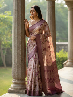 Libas - Women's Peach Printed Silk Blend Saree With Unstitched Blouse