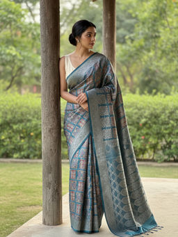 Libas - Women's Blue Printed Silk Blend Saree With Unstitched Blouse