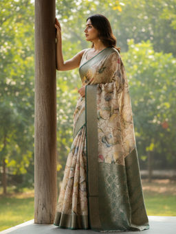 Libas - Women's Beige Printed Silk Blend Saree With Unstitched Blouse