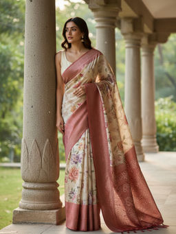 Libas - Women's Pink Printed Silk Blend Saree With Unstitched Blouse